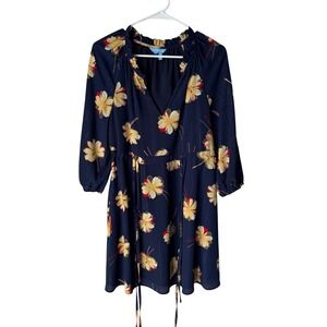 Draper James Navy Blue Floral Metallic Pinstripe Ruffle V-Neck Mini Dress S